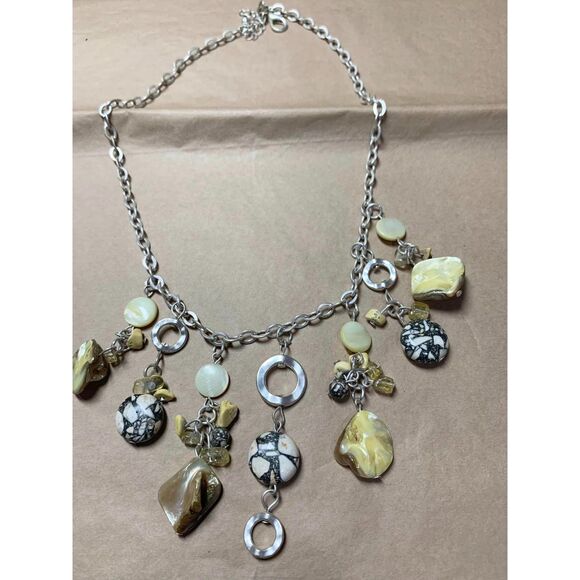 Christopher & Banks Necklace & Earring Set Yellow Cream Stone Silver Tone Dangle - Picture 2 of 3